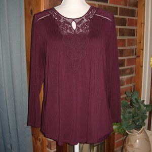 Daniel Rainn Salina Crochet Detail Knit Top Keyhole Swiss Dot Yoke L